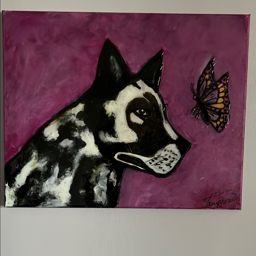 Dog and Butterfly Art on Purple Canvas